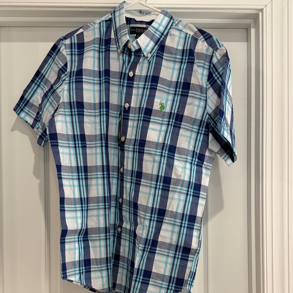 U.S. Polo Assn. Short Sleeve Plaid Button-Down Shirt - Blue & White